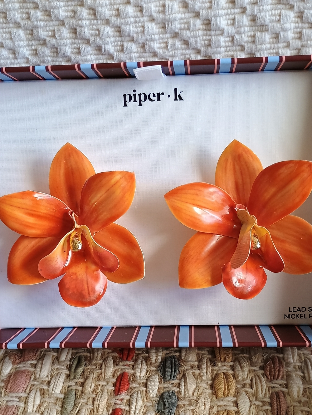 PIPER K NWT Orange Orchid Floral 3D Blossom Statement Earrings Boxed